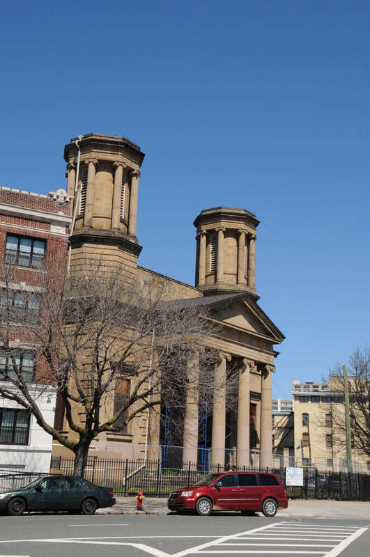 BUILT IN 1853;  A FIRE DESTROYED MUCH OF THE CHURCH IN 1992 BUT THE GREEK REVIVAL FAÇADE HAS BEEN RESTORED