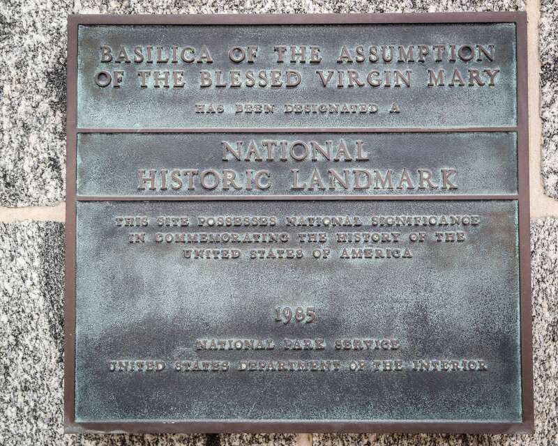 The National Historic Landmark plaque at the Basilica of the National Shrine of the Assumption of the Blessed Virgin Mary in Baltimore, part of the Cathedral Hill Historic District