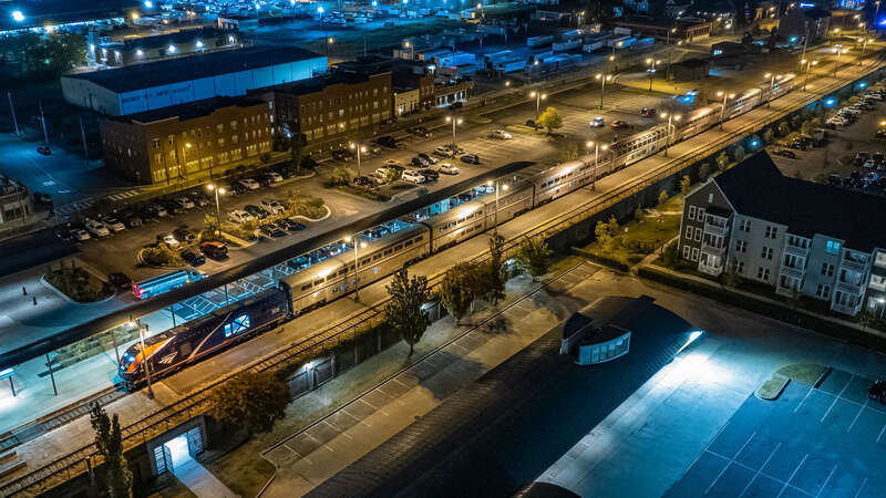 The northbound City of New Orleans at Memphis Central Station in November 2022 with a brand-new ALC-42 locomotive leading