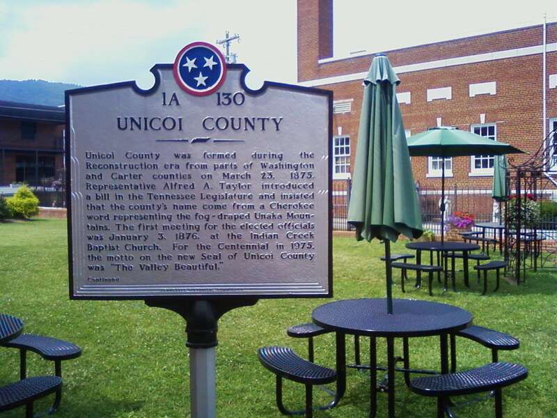 Text: "Unicoi County was formed during the Reconstruction era from parts of Washington and Carter counties on March 23, 1875. Representative Alfred A. Taylor introduced a bill in the Tennessee Legislature and insisted that the county's name come from