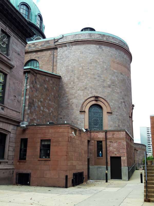 The exterior apse of the Cathedral Basilica of Saints Peter and Paul from Race Street in Philadelphia.