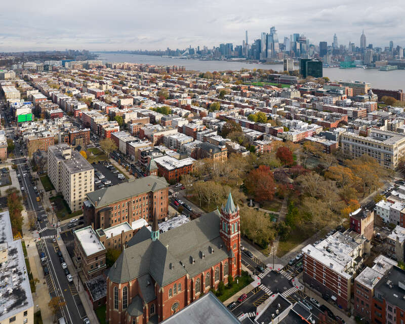 Church Square Park and Church of Our Lady of Grace, Hoboken, New Jersey.