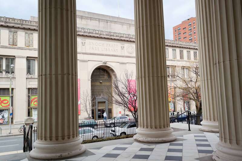 A view of Enoch Pratt Free Library seen from the Baltimore Basilica, located in the Cathedral Hill Historic District