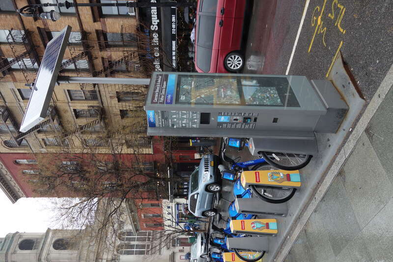 A CitiBike rack in front of Father Demo Square at 6th Avenue and Carmine Street in Greenwich Village, Manhattan.