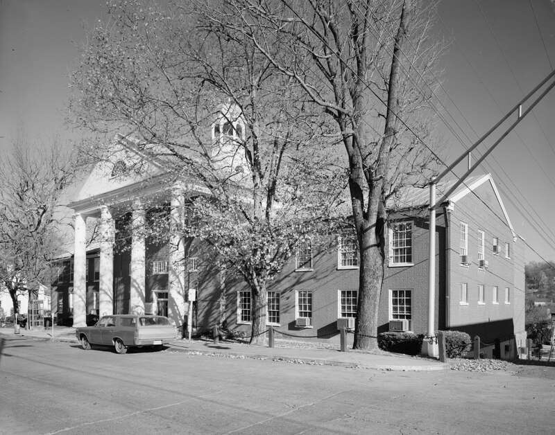 Front of the Greenbrier County Courthouse, located at the intersection of Court and Randolph Streets in Lewisburg, West Virginia, United States.  Built in 1837, it is listed on the National Register of Historic Places.