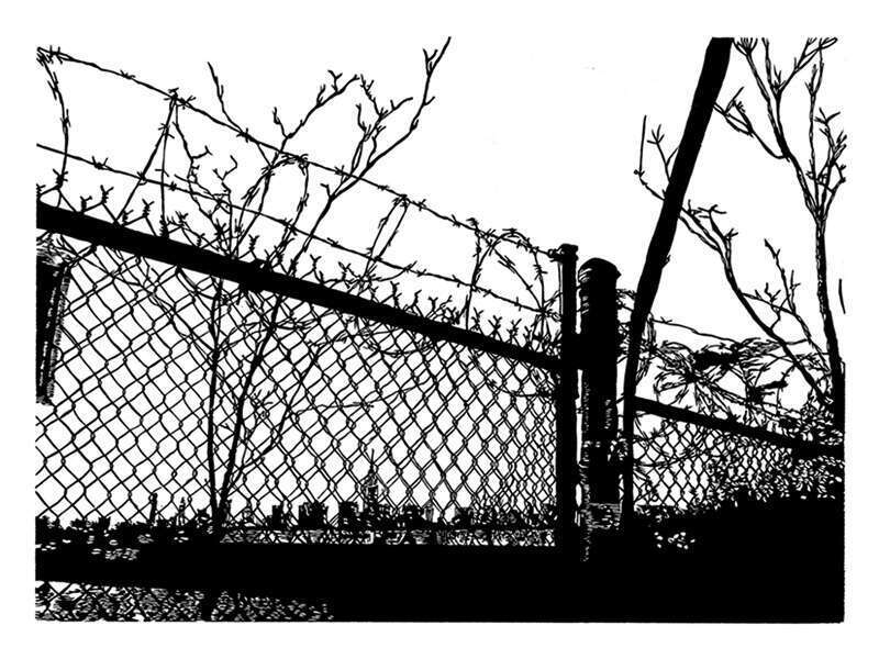 Greetings from where Kent becomes Franklin is a relief print created and published entirely by the artist based on photography taken on the East River in Greenpoint, Brooklyn, New York.