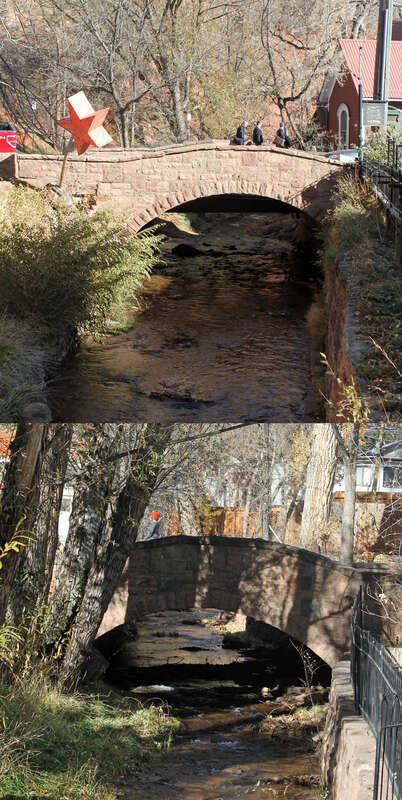 Two bridges in Manitou Springs, Colorado that go over Fountain Creek. The top panel shows the Cannon Avenue bridge over the creek, and the bottom panel shows the Park Avenue bridge over the creek. Jointly, the two bridges are listed on the National