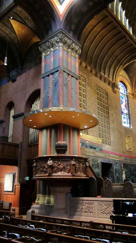 Trinity Church located at 206 Clarendon Street on Copley Square in Boston, Massachusetts. Designed by Henry Hobson Richardson and completed in 1877, the church is considered the birthplace and archetype of the Richardsonian Romanesque architectural