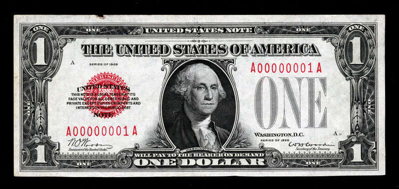 The front of a 1928 United States Note ($1) depicting George Washington. Scanned at the National Numismatic Collection (Smithsonian Institution).