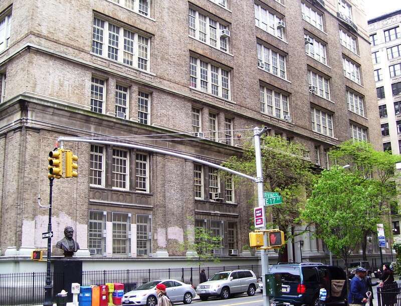 Washington Irving High School, on Irving Place, in Manhattan, New York City, moved to this location from Lafayette Street in 1912.  The 1885 bust of Washington Irving – who never lived on Irving Place, although he did visit a nephew there – is by