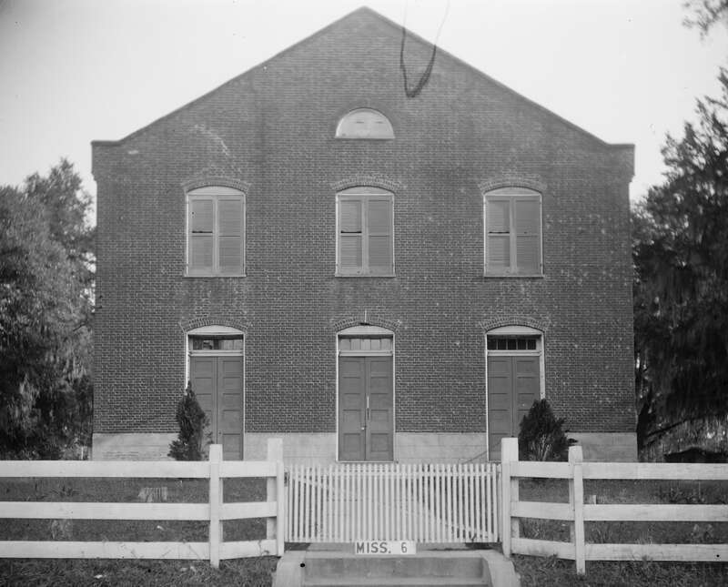 Exterior of the Washington Methodist Church, located at the intersection of Main (U.S. Route 61) and Church Streets in Washington, Mississippi, United States.  The oldest Methodist church in Mississippi, it was built in 1828 and is listed on the