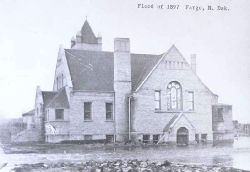 A church damaged by flood waters in Fargo, ND; April 1897.