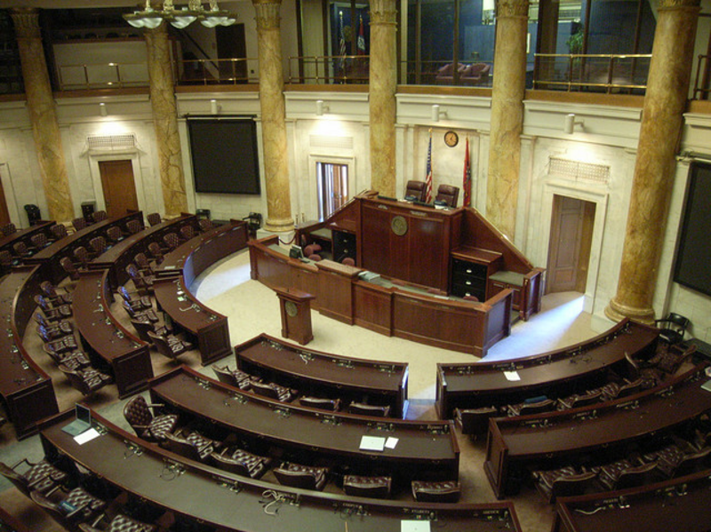 The Arkansas House of Representatives Chamber: The House is equipped with an electronic voting system. On each desk is a panel of buttons; red for a "no" vote, green for a "yes" vote and yellow for a "present" vote. The vote is displayed on large