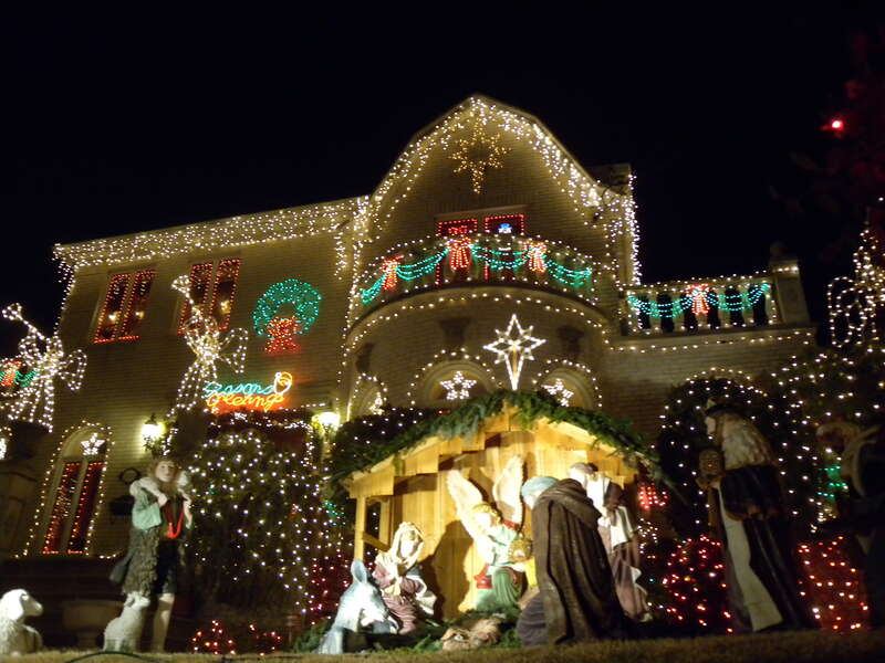 Looking uphill somewhere in Dyker Heights at a decorated house.