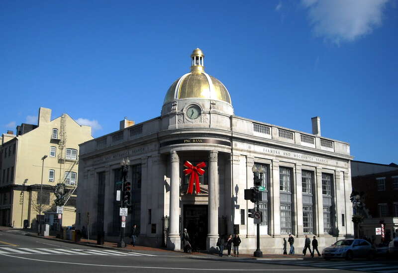 The landmark, former headquarters of Farmers and Mechanics National Bank, located at 1201 Wisconsin Avenue, N.W. (intersection of M Street and Wisconsin Avenue), in the Georgetown neighborhood of Washington, D.C.  Designed by architects Marshall and