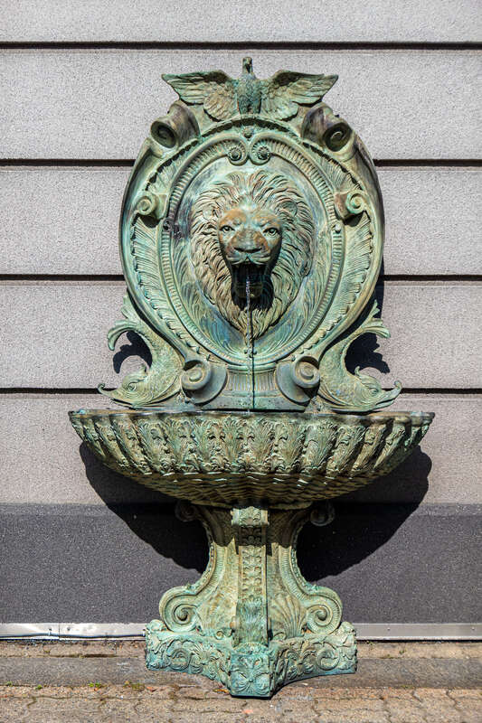 Bronze lion fountain in DePasquale Square, Providence RI
