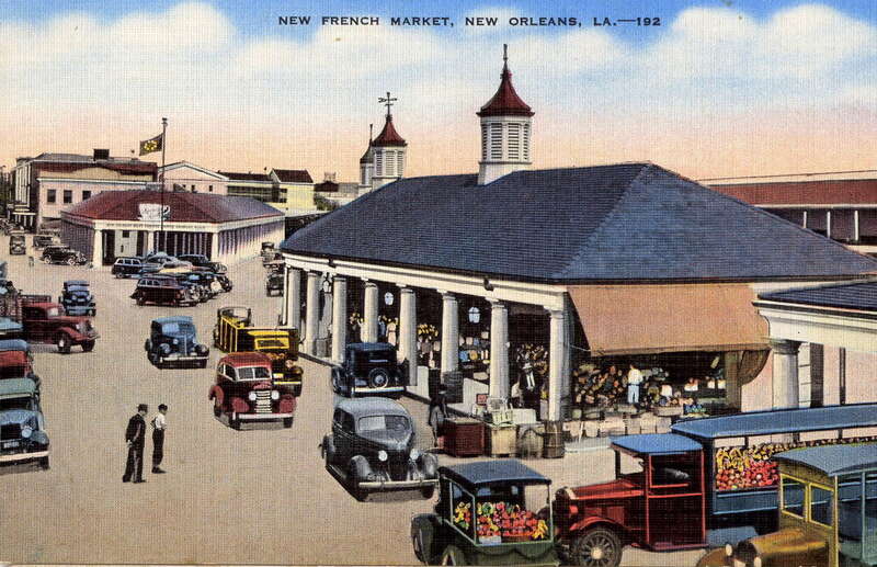 French Market, New Orleans, Louisiana. "New French Market", as opposed to the "Old French Market" a bit further down river.  Old postcard view.  Scene looking down river on Decatur Street, with Peters Street splitting off to right. The "Morning Call"