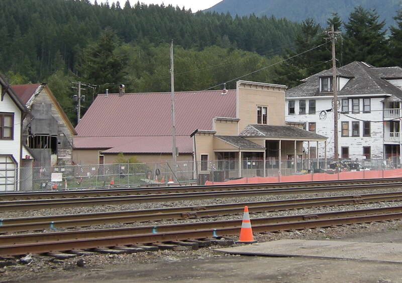 Maloney's General Store, Skykomish, Washington,listed on the National Register of Historic Places. In the background is the Skykomish Hotel.