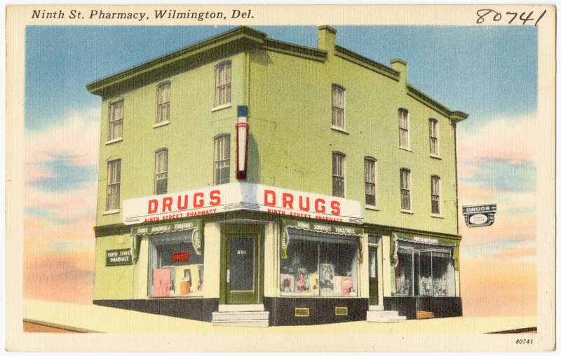 Title: Ninth St. Pharmacy, Wilmington, Del.
Subjects: Commercial facilities
Places: Delaware > New Castle (county) > Wilmington
Notes: Title from item.
Extent: 1 print (postcard) : linen texture, color ; 3 1/2 x 5 1/2 in.
Accession #: