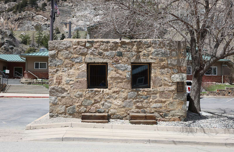 The Old Town Jail in Georgetown, Colorado. The jail was moved to its current location in front of the Clear Creek County Courthouse at 405 Argentine Street in Georgetown.
