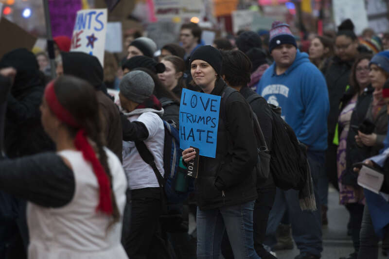 Minneapolis, Minnesota
January 20, 2017
About 3000 people marched through Minneapolis to protest the inauguration of Republican President Donald Trump. The people gathered in south Minneapolis and then marched downtown to City Hall. They criticized