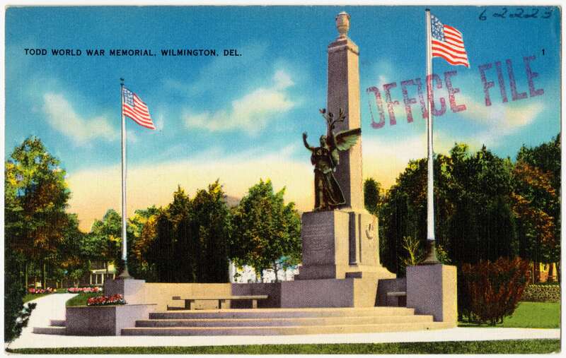 Title: Todd World War Memorial, Wilmington, Del.
Subjects: Monuments &amp; memorials
Places: Delaware > New Castle (county) > Wilmington
Notes: Title from item.
Extent: 1 print (postcard) : linen texture, color ; 3 1/2 x 5 1/2 in.
Accession #:
