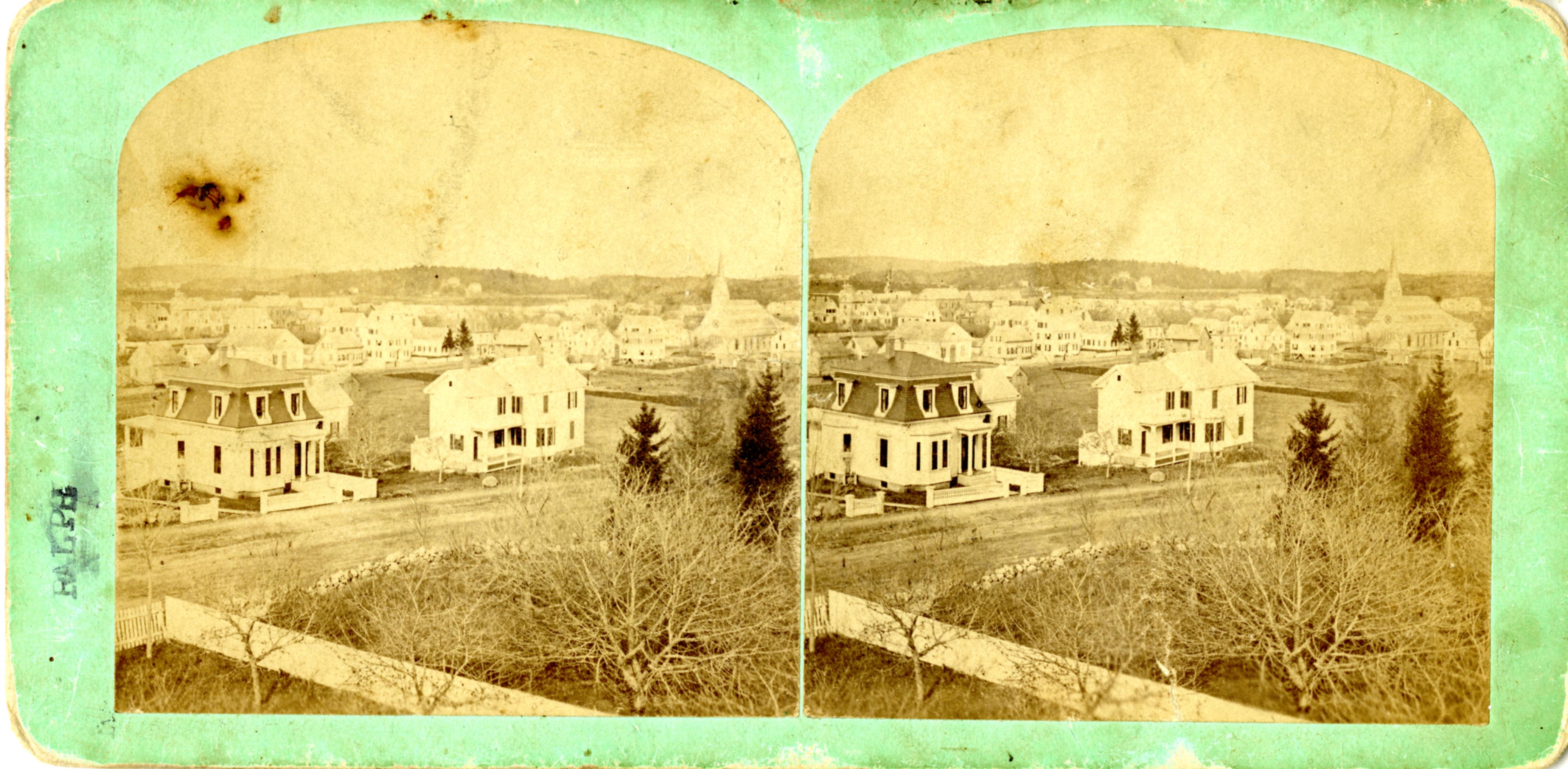 SV-374 — Nelson Dionne Collection. Aerial view looking north toward Western Ave in Lynn, Mass., in the direction of Flax Pond. On the left is the Lydia E. Pinkham House (both it and the home to the right on Western Ave. are extant). The view appears