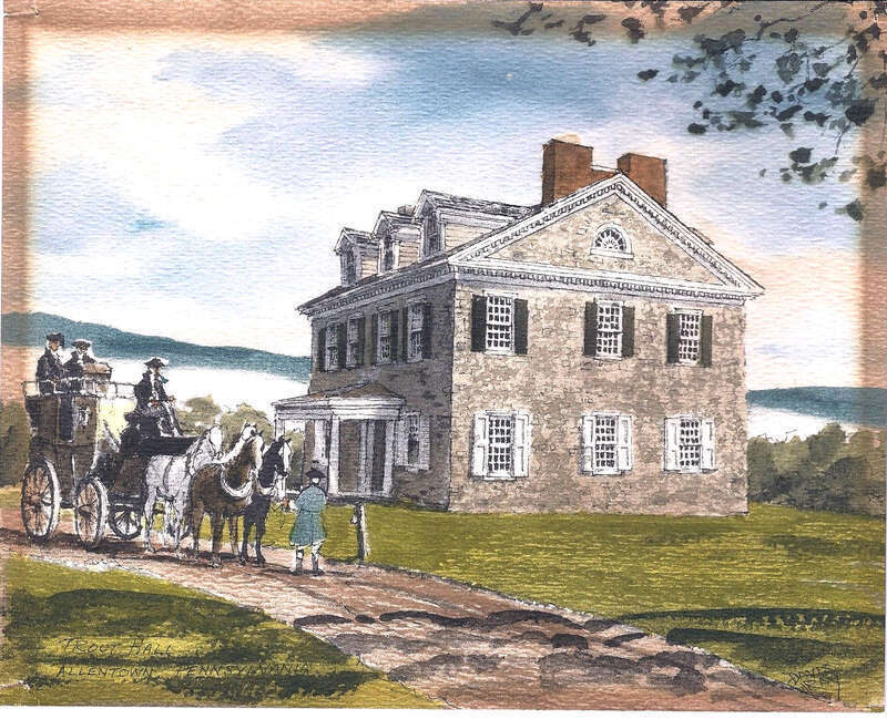 Reproduction of a watercolor by Davis Gray of Trout Hall about 1780