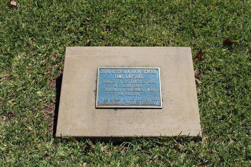 2010 Osceola High School time capsule in front of Kissimmee City Hall, Kissimmee, Osceola County, Florida