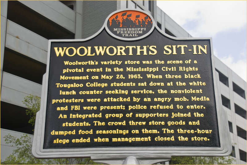 The plaque above was dedicated on Tuesday May 28, 2013, on the 50th anniversary of the sit-in in downtown Jackson, two blocks west of the Governor's Mansion.
The sit-in, on May 28, 1963, was part of the ongoing "Jackson Movement" to protest the