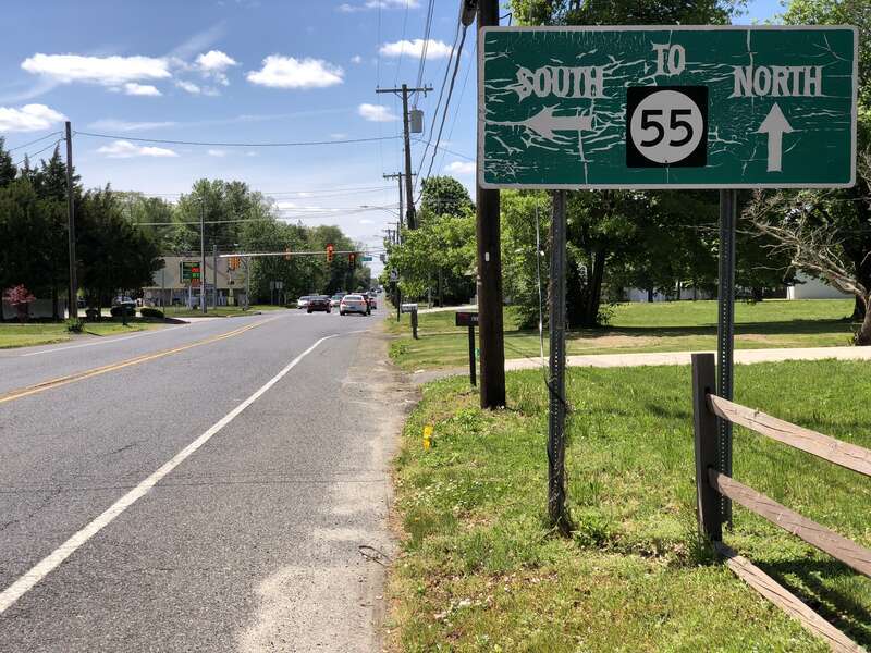 View west along Cumberland County Route 552 (Sherman Avenue) at Cumberland County Route 555 (Main Road) in Vineland, Cumberland County, New Jersey