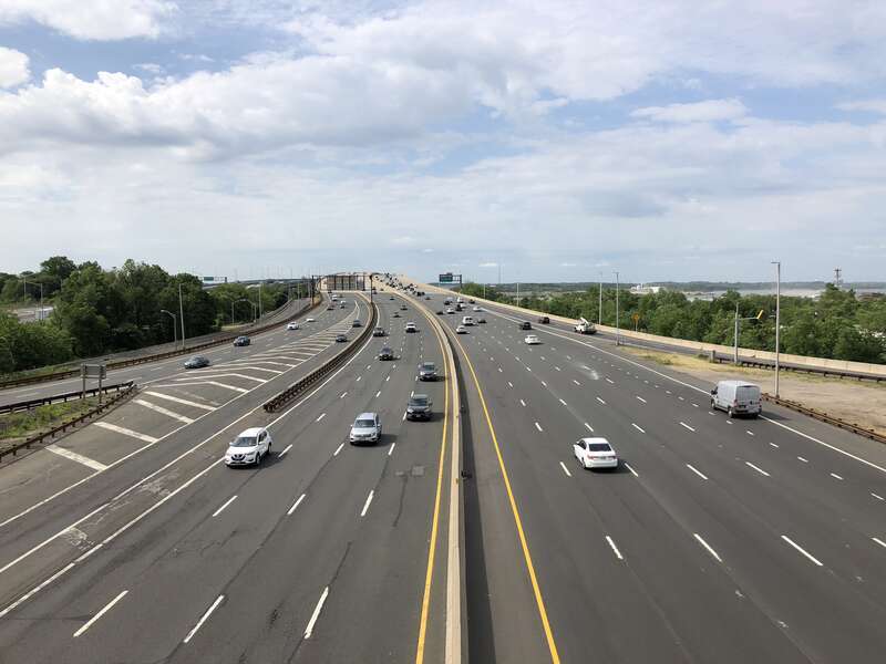 View south along New Jersey State Route 444 (Garden State Parkway) from the overpass for New Jersey State Route 440 (Middlesex Freeway) in Woodbridge Township, Middlesex County, New Jersey
