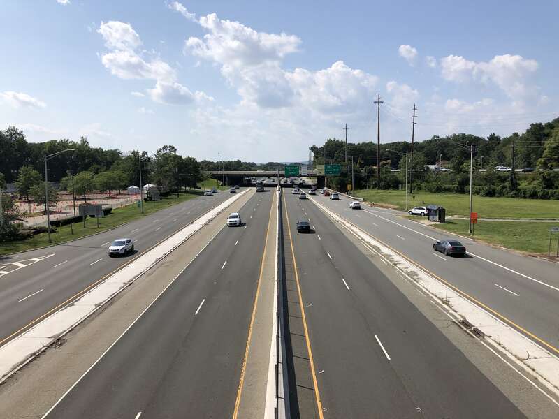 View west along New Jersey State Route 4 (MacKay Highway) from the overpass for Ikea Drive in Paramus, Bergen County, New Jersey