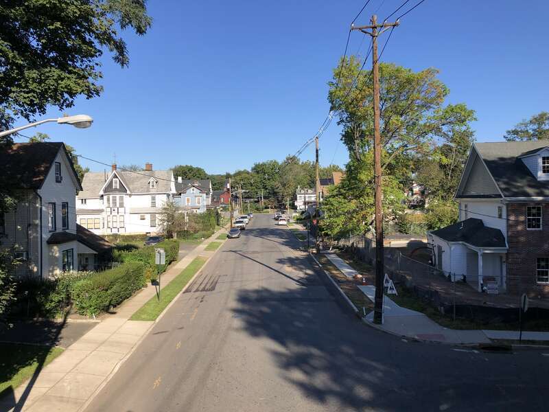 View west along New Jersey State Route 28 (Plainfield Avenue) from the overpass for the rail line near Second Street in Plainfield, Union County, New Jersey