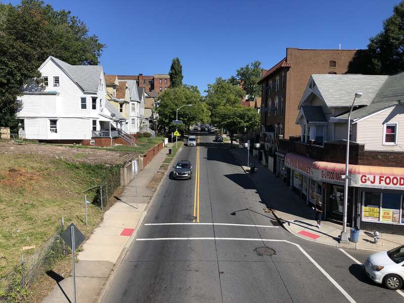 View north along Essex County Route 509 (Grove Street) from the overpass for the rail line just north of Dr. Martin Luther King Junior Boulevard in East Orange, Essex County, New Jersey