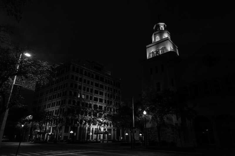 
500px provided description: Ended up sticking around the area until after dark. Took this one and converted it to B&amp;W. [#church ,#night ,#black&amp;white ,#handheld ,#Nikon D700]