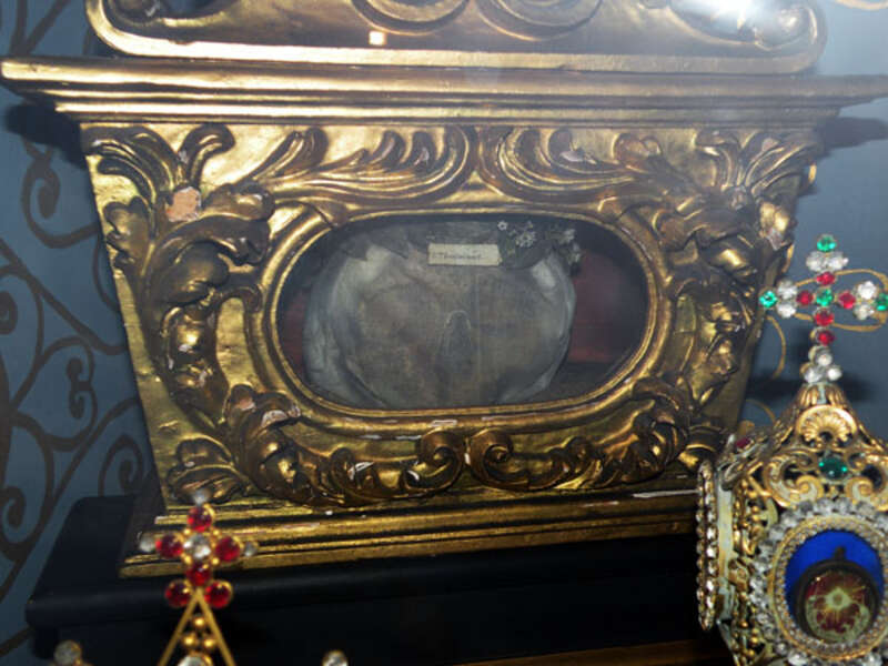 The skull of a Saint (listed as "S. Theodori mart.") in Saint Anthony's Chapel (Shrine of Saint Anthony of Padua) located at 1700 Harpster Street in the Troy Hill neighborhood of Pittsburgh, Pennsylvania.  The chapel was built from 1880 to 1892, and