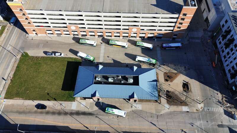 Appleton Transit Center looking east with buses laying over during the hourly pulse time period.