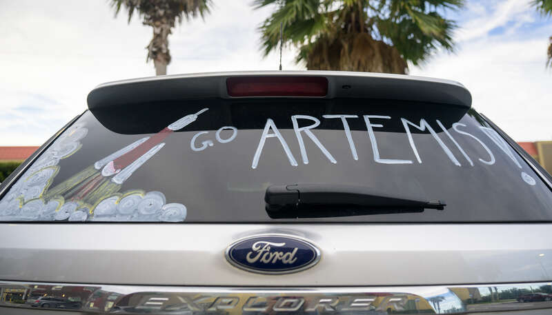 A car in a hotel parking lot is decorated in support of the NASA Artemis I mission, Friday, Sept. 2, 2022, in Titusville, Florida. NASA’s Artemis I flight test is the first integrated test of the agency’s deep space exploration systems: the Orion