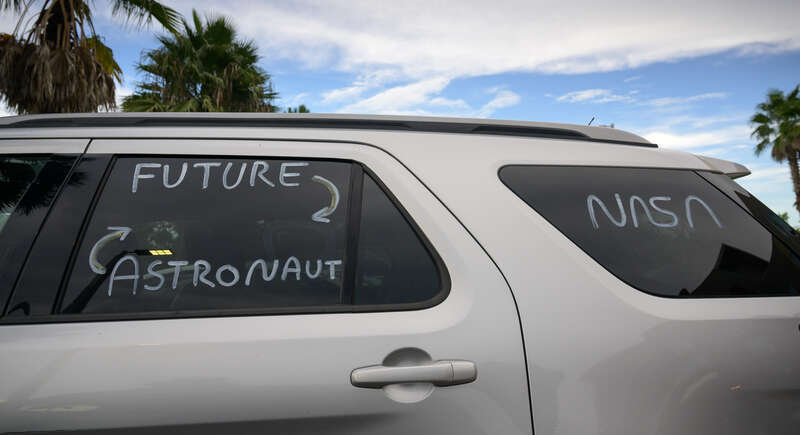 A car in a hotel parking lot is decorated in support of the NASA Artemis I mission, Friday, Sept. 2, 2022, in Titusville, Florida. NASA’s Artemis I flight test is the first integrated test of the agency’s deep space exploration systems: the Orion