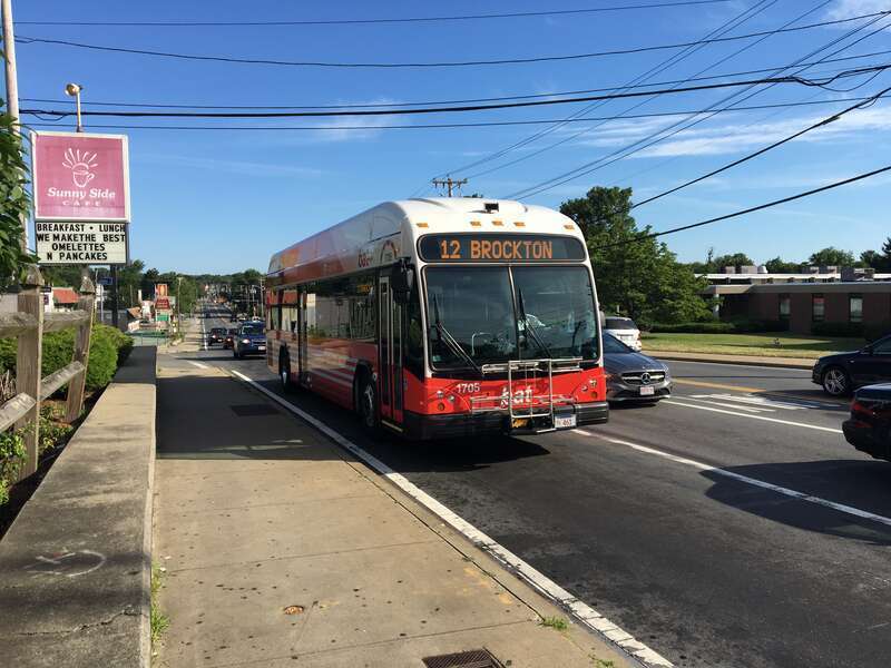 A southbound BAT route 12 bus on Route 28 in Randolph in July 2017