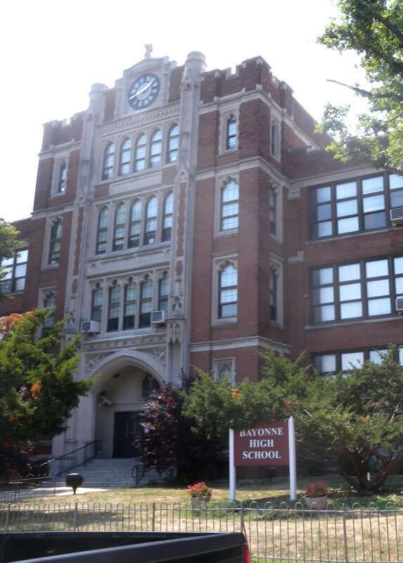 Looking southwest from Avenue A at Bayonne HS on a sunny early afternoon.