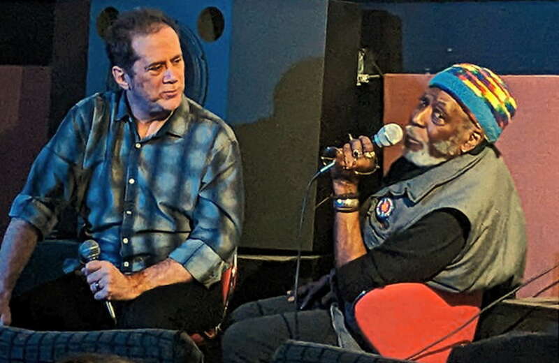Music Journalist Bill Kopp interviewing songwriter and musician Sidney Barnes (of Rotary Connection) during a Music Movie Mondays discussion following a screening of 'Wattstax' at Grail Moviehouse in Asheville NC.