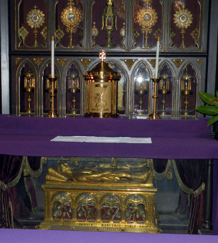The shrine containing the bones of Saint Demetrius located behind the altar at Saint Anthony's Chapel (Shrine of Saint Anthony of Padua) located at 1700 Harpster Street in the Troy Hill neighborhood of Pittsburgh, Pennsylvania.  The shrine says,
