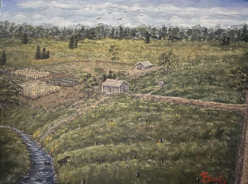 Painting by Brian Boody of  Sibley's Pontiac Company cabin and farm, the origins of the Sibley Hoyt House, as it  would have  looked 200 years ago on ten acre outlet, 1820.