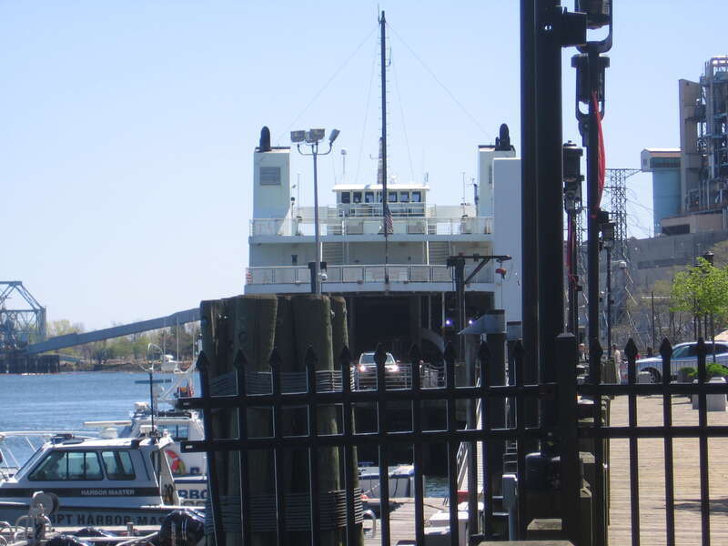 The Bridgeport &amp; Port Jefferson Ferry unloading cars and passengers in Bridgeport, Connecticut, USA.
