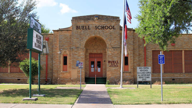 Buell School in Pharr, Texas, United States. The school was designated a Recorded Texas Historic Landmark in 1990. Marker text: "Constructed in 1927-28 to serve Mexican-American children in the Pharr-San Juan school district, this school replaced an
