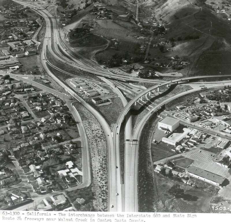 The interchange between the Interstate 680 and State Sign Route 24 freeways near Walnut Creek in Contra Costa County.