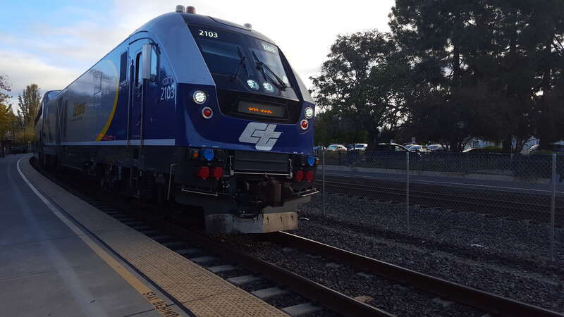 CDTX 2103 leads Capitol Corridor 523 at Fremont station.