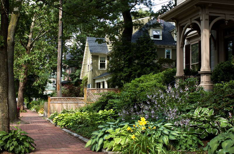Maple Avenue, looking north, in the Maple Avenue Historic District in Cambridge, Massachusetts.